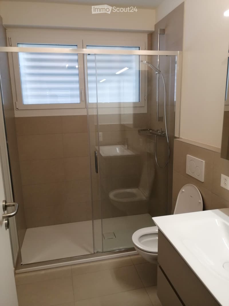 Modern bathroom with a glass-enclosed shower, toilet, sink, and a window with blinds.