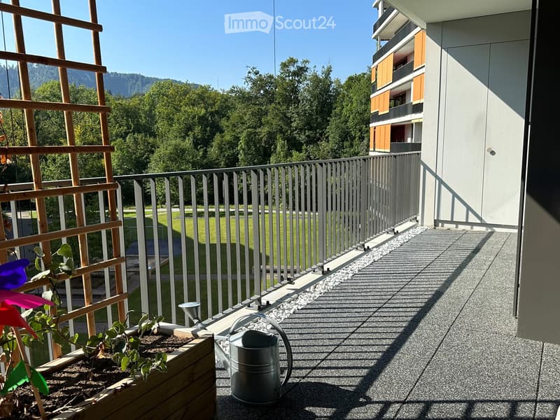 Balcony with metal railing, wooden planter, and modern building in the background.