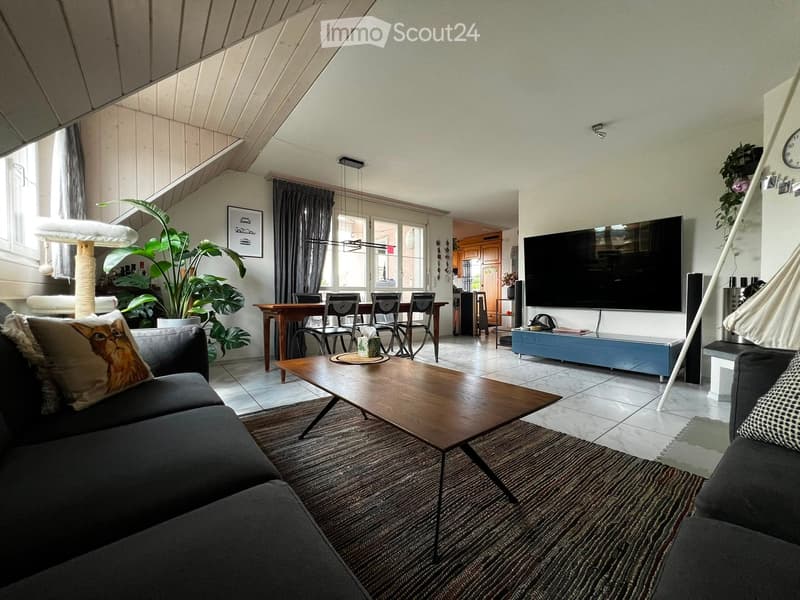 Living room with a grey sofa, coffee table, dining area with chairs and table, large screen, cat tree, and plants.