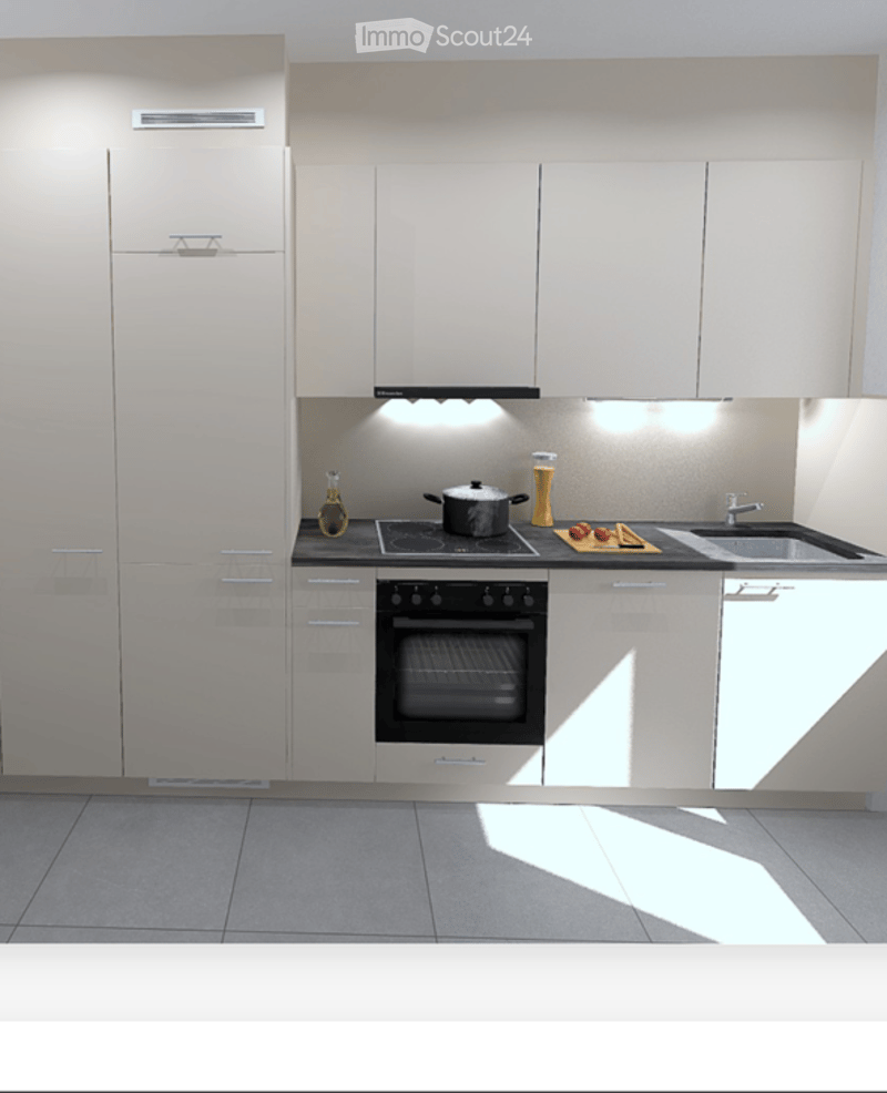 Modern kitchen with light-colored cabinets, stainless steel appliances, and a sleek design. Features an oven, sink, and countertop with a few decorative items.