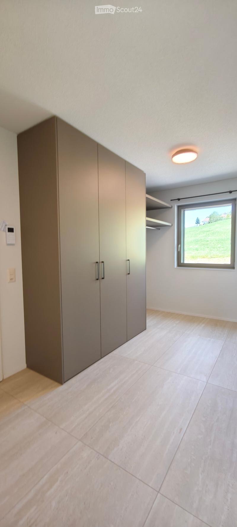 Empty room with light-colored walls, wooden flooring, built-in closet, and a window showing a green landscape view.