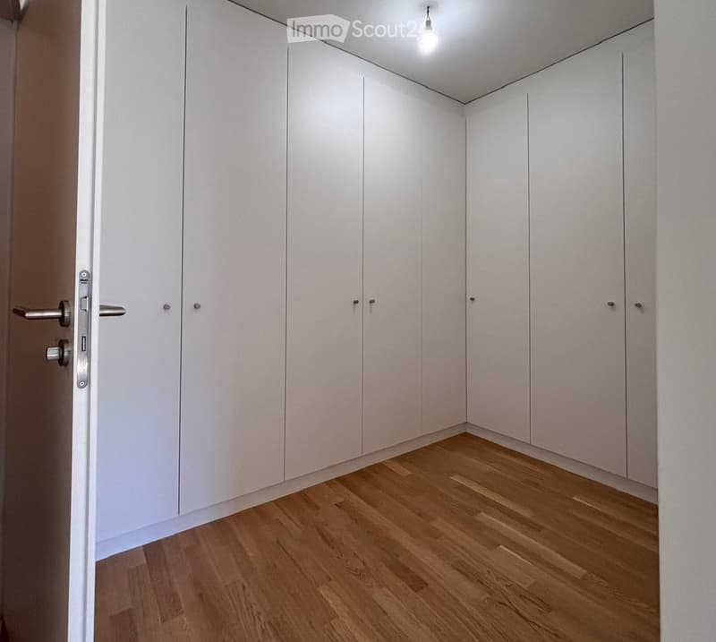 Empty room with light wooden flooring and white built-in wardrobes, featuring a single door and a ceiling light fixture.