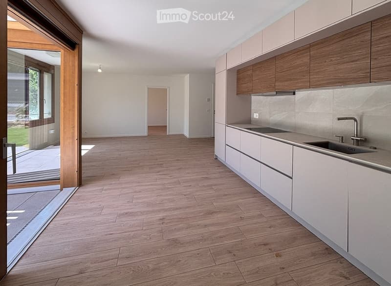 Empty kitchen with light wooden flooring, white cabinets, and a stainless steel sink. The space is bright with large windows and a sliding glass door leading to an outdoor area.