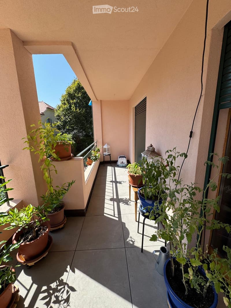 Balcony with tiled floor, potted plants, small table, and decorative lantern.