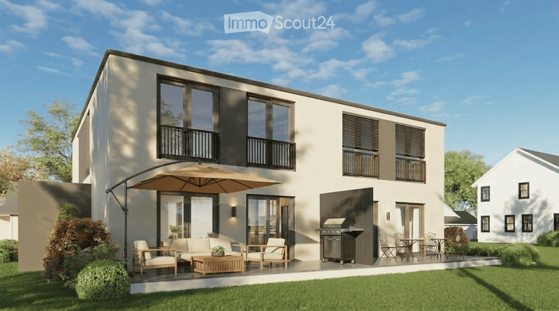 Modern two-story house with white exterior, large windows, balconies, patio with outdoor furniture, grill, and umbrella.