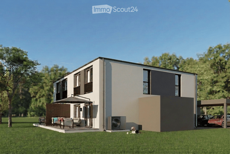 Modern two-story house with a garage, parking area, and outdoor seating area with chairs and a table.