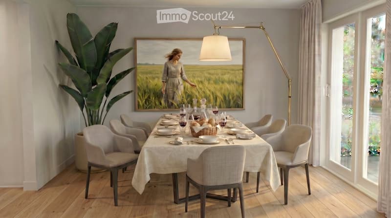 Elegant dining room with a long table set for a meal, surrounded by six chairs, wine glasses, and bread. A large painting hangs on the wall, and a floor lamp stands nearby. The room features wooden flooring and large windows with curtains.