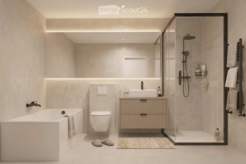 Modern bathroom with a bathtub, toilet, sink, and walk-in shower. Features include a towel rack, mirror, and sleek lighting.