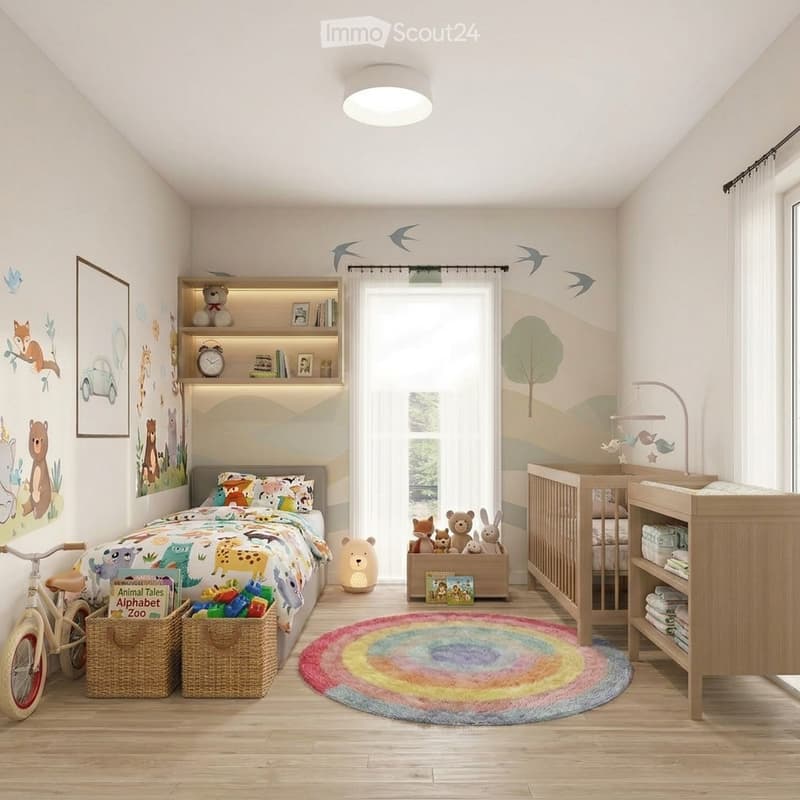 A well-lit children's bedroom with a colorful, animal-themed design. Features a large bed with a vibrant duvet, a wooden changing table, a crib, shelves with toys and books, and a round, rainbow-colored rug.
