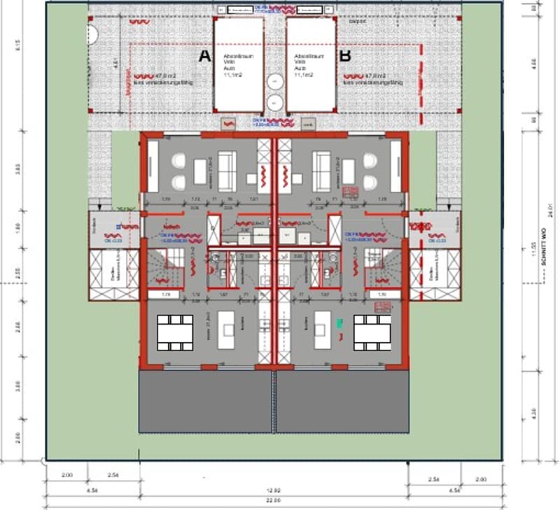 Floor plan of a residential building with multiple rooms including a kitchen, living room, bedrooms, bathrooms, and a balcony.