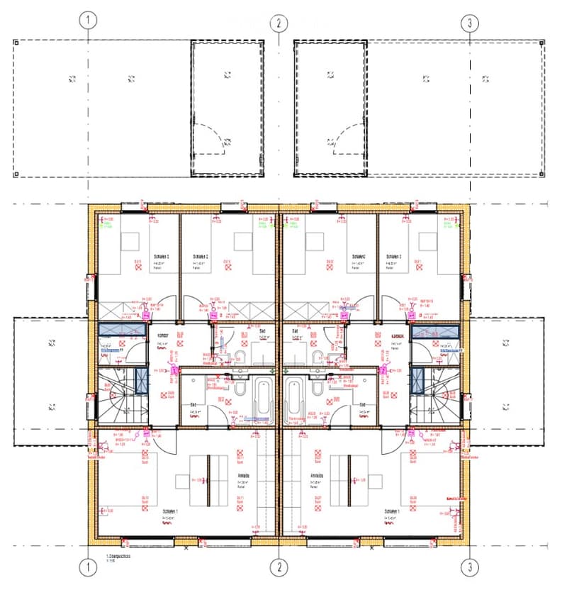 Floor plan of a multi-level building with labeled rooms including bedrooms, bathrooms, living areas, and service spaces.
