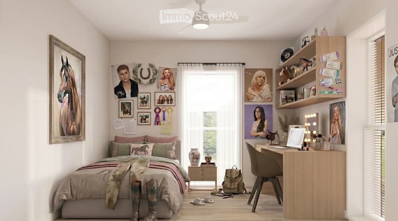 A well-lit bedroom with a bed, desk, chair, shelves, and various decorative items including picture frames and a mirror. The room features a large window with curtains and a ceiling fan.