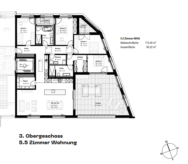Floor plan of a 5.5-room apartment on the upper floor, including living room, kitchen, 4 bedrooms, 2 bathrooms, hallway, and terrace.