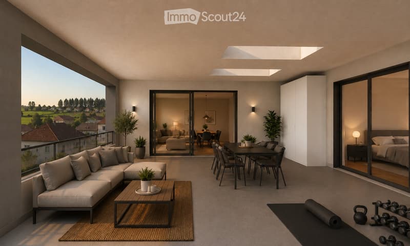 Modern, well-furnished living space with a large sectional sofa, coffee table, dining area, bedroom, and exercise area. Features large windows with scenic views, modern decor, and ample natural light.