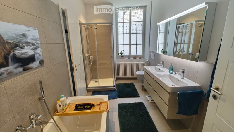 Modern bathroom with a bathtub, double sink, toilet, shower, large mirror, and a picture on the wall.