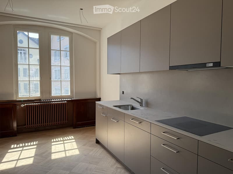 Modern kitchen with light grey cabinets, a stainless steel sink, and a built-in stove. The space features wooden flooring and large windows allowing natural light to fill the room.