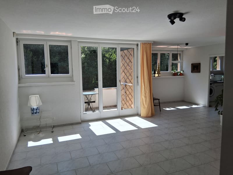 Bright, tiled room with large sliding glass doors leading to a balcony. Features a small table and chair on the balcony, a lamp on a side table, a curtain, a stool, a framed picture, a sink, a washing machine, and a potted plant.