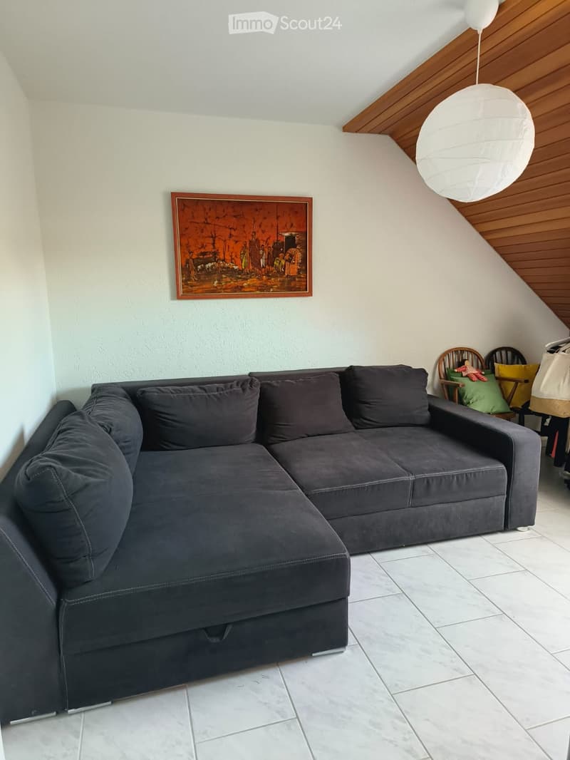 Living room with a dark grey sectional sofa, a wooden chair with cushions, a large picture frame on the wall, and a white pendant light hanging from the ceiling.
