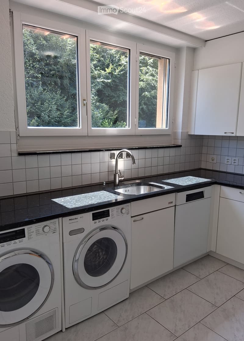 Modern kitchen with white cabinets, black countertops, stainless steel sink, and integrated appliances including a washing machine and dishwasher.