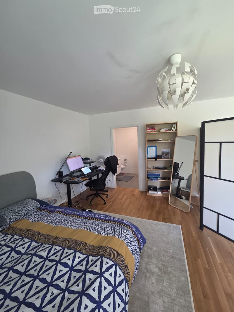 A modern bedroom with a bed, desk, chair, laptop, bookshelf, and a large mirror. The room features wooden flooring and a grey rug.