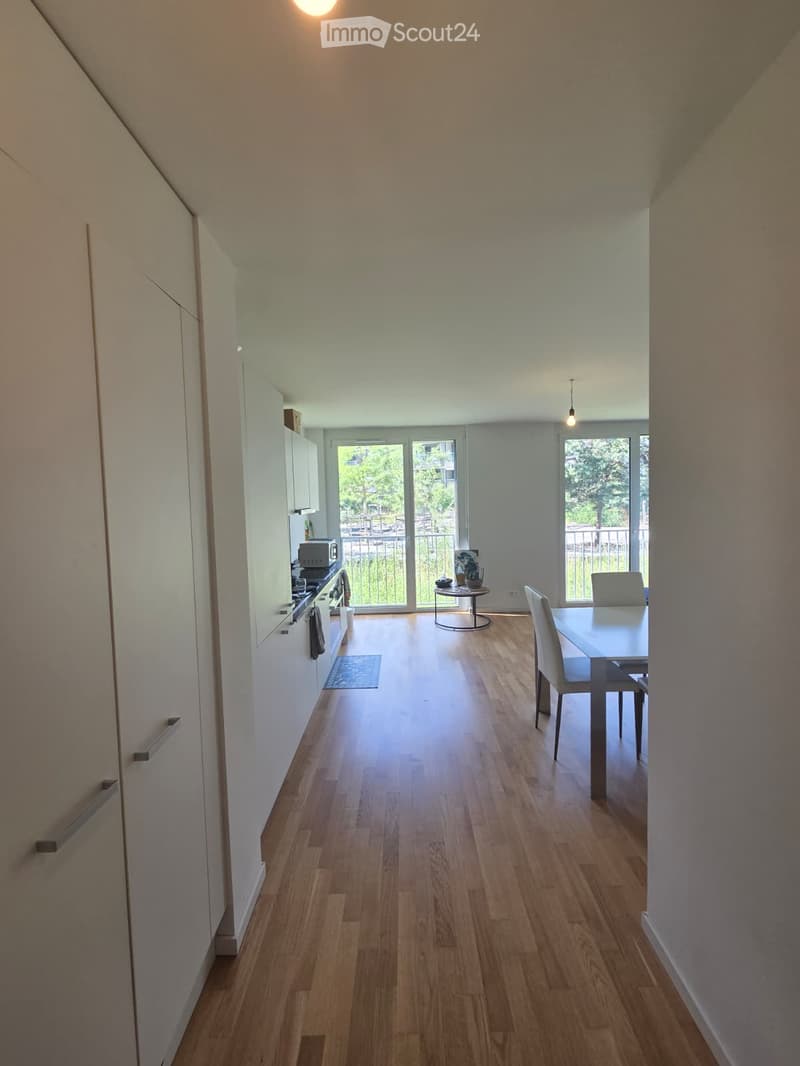 Open-plan kitchen and dining area with light wood flooring, white cabinets, and large windows overlooking a balcony.