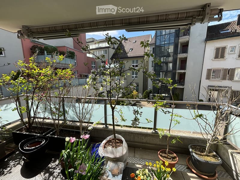 Balcony with potted plants, flowers, and a view of surrounding buildings.