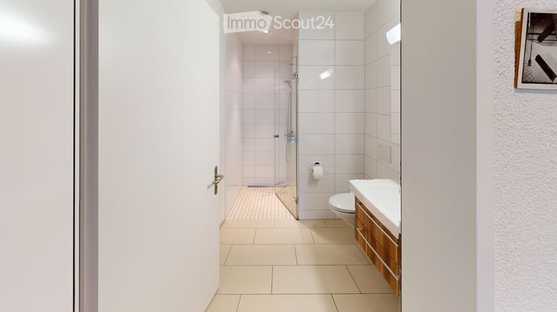 Modern bathroom with white tiles, a glass-enclosed shower, a toilet, a sink with a wooden cabinet, and a mirror above the sink.