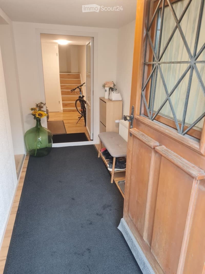 Hallway with blue carpet, wooden floor visible in adjacent area, small bench with shoes, bicycle, and decorative items including vases and flowers.