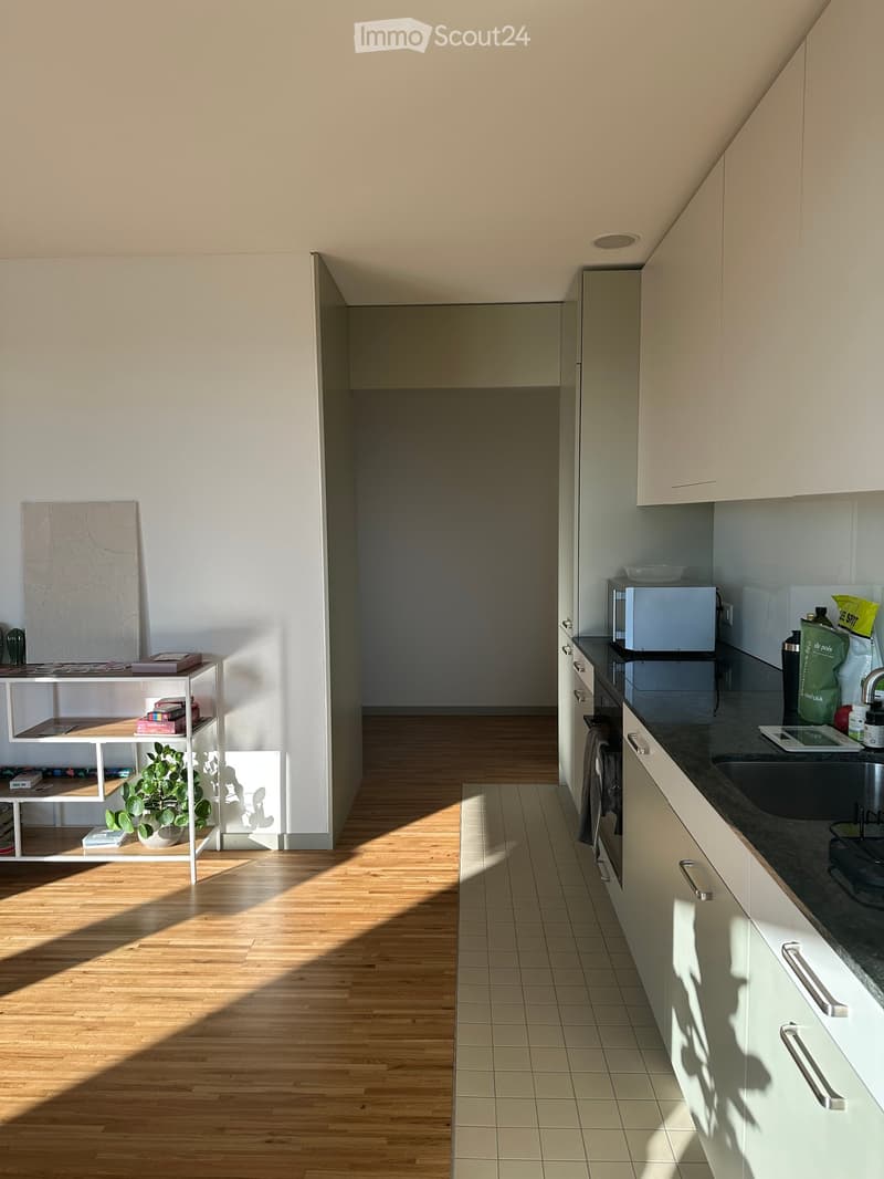 Modern kitchen with light-colored cabinets, a dark countertop, and a wooden floor. Features include a sink, microwave, oven, refrigerator, and a small shelf with books and a plant.