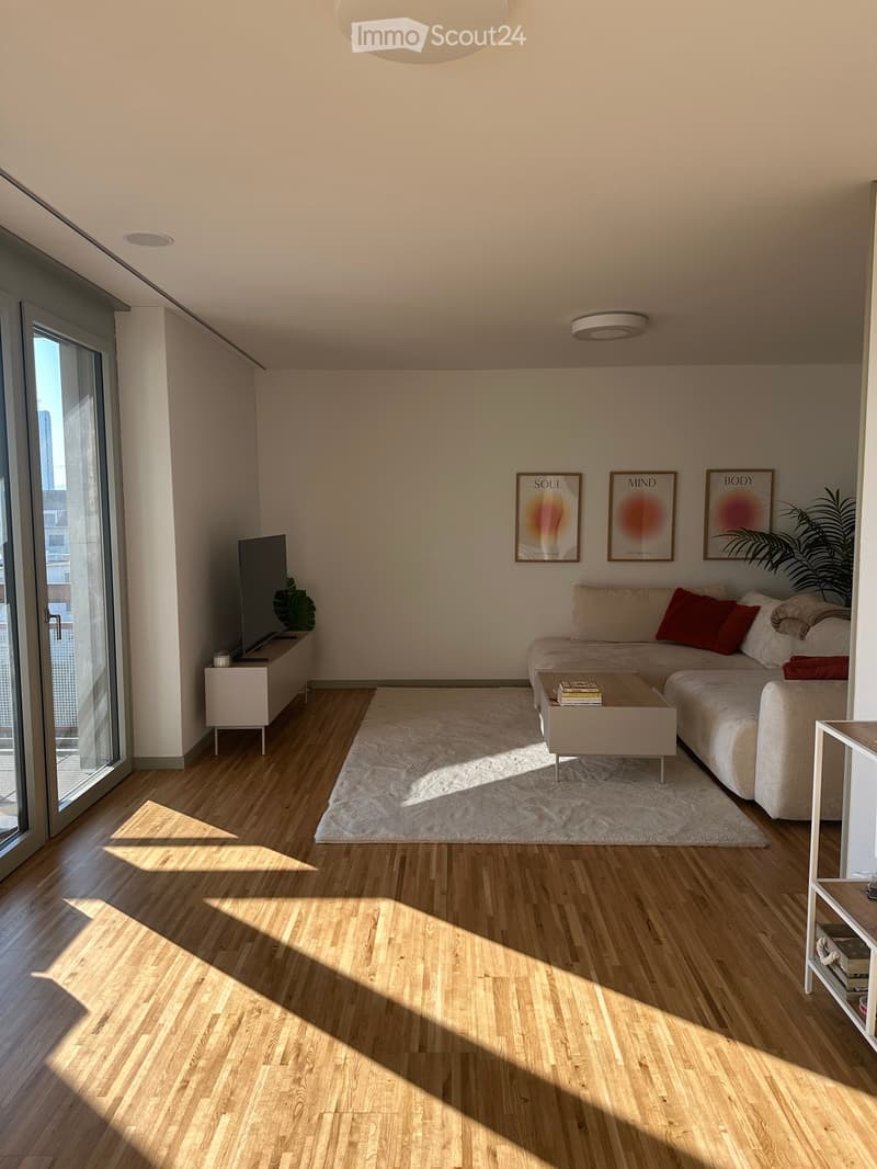 Modern living room with light wooden flooring, a white shag rug, a beige sofa with red pillows, a coffee table, a television on a side table, and three picture frames on the wall.