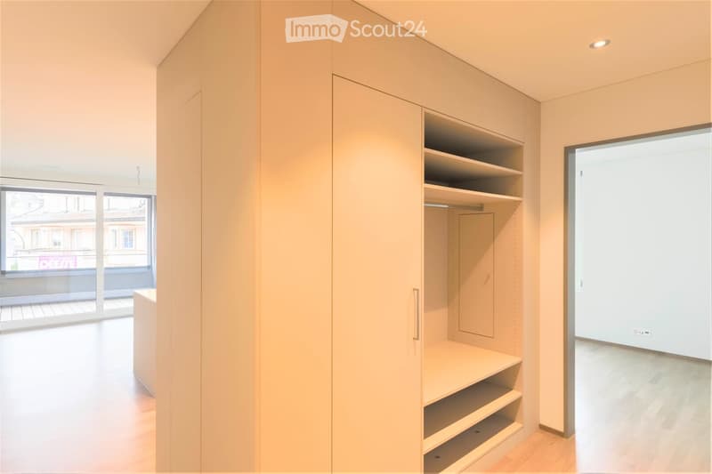 Empty room with built-in closet and shelving, large windows, and wooden flooring.