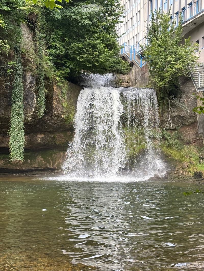 A small waterfall cascades over a rocky ledge into a calm pool below, surrounded by lush greenery and a modern building with a staircase in the background.