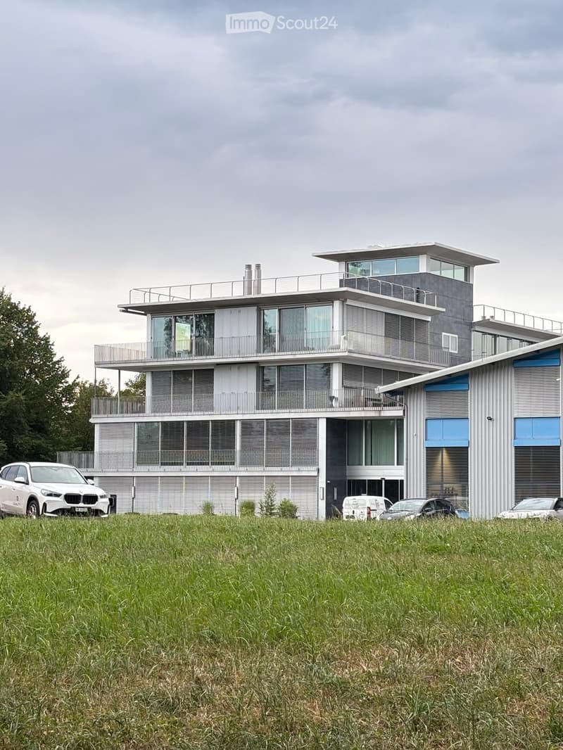 Modern two-story house with large windows, balconies, and a flat roof, surrounded by a grassy field with parked cars.