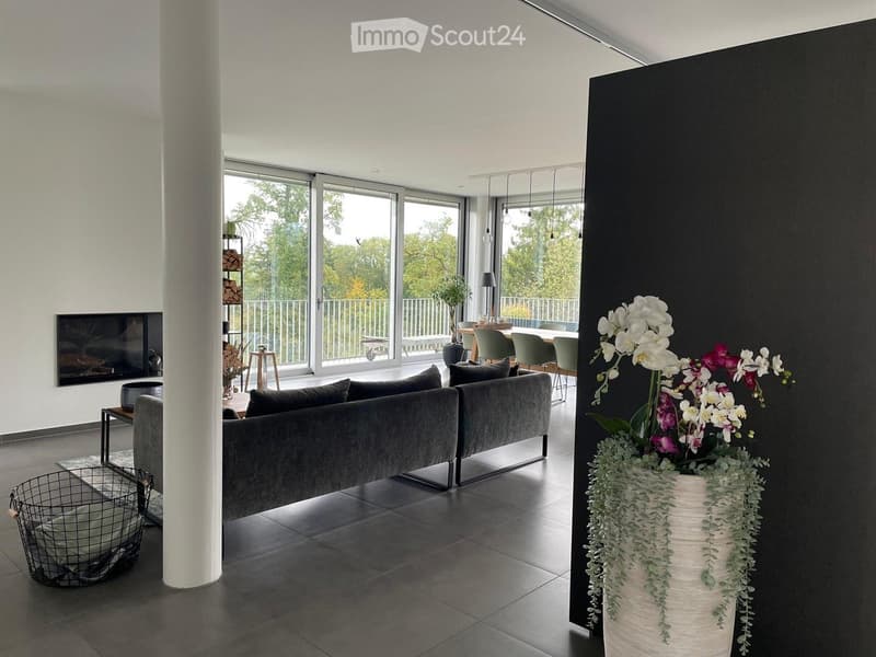 Modern living room with large windows, grey sectional sofa, coffee table, flower vase, TV, and dining area visible through the open space.