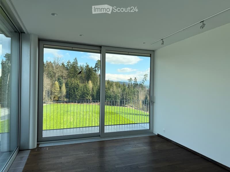 Bright, empty room with large sliding glass doors leading to a balcony, wooden flooring, and white walls.