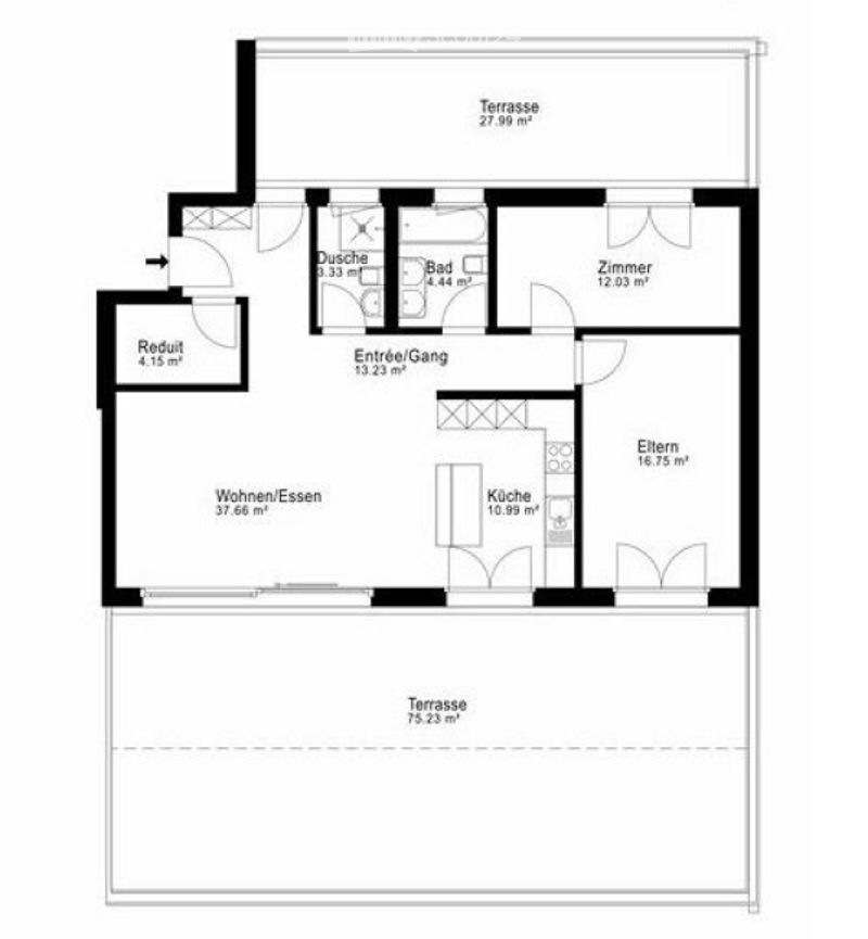 Floor plan of a 2-story apartment with living/dining area, kitchen, bedroom, bathroom, hallway, and two terraces.