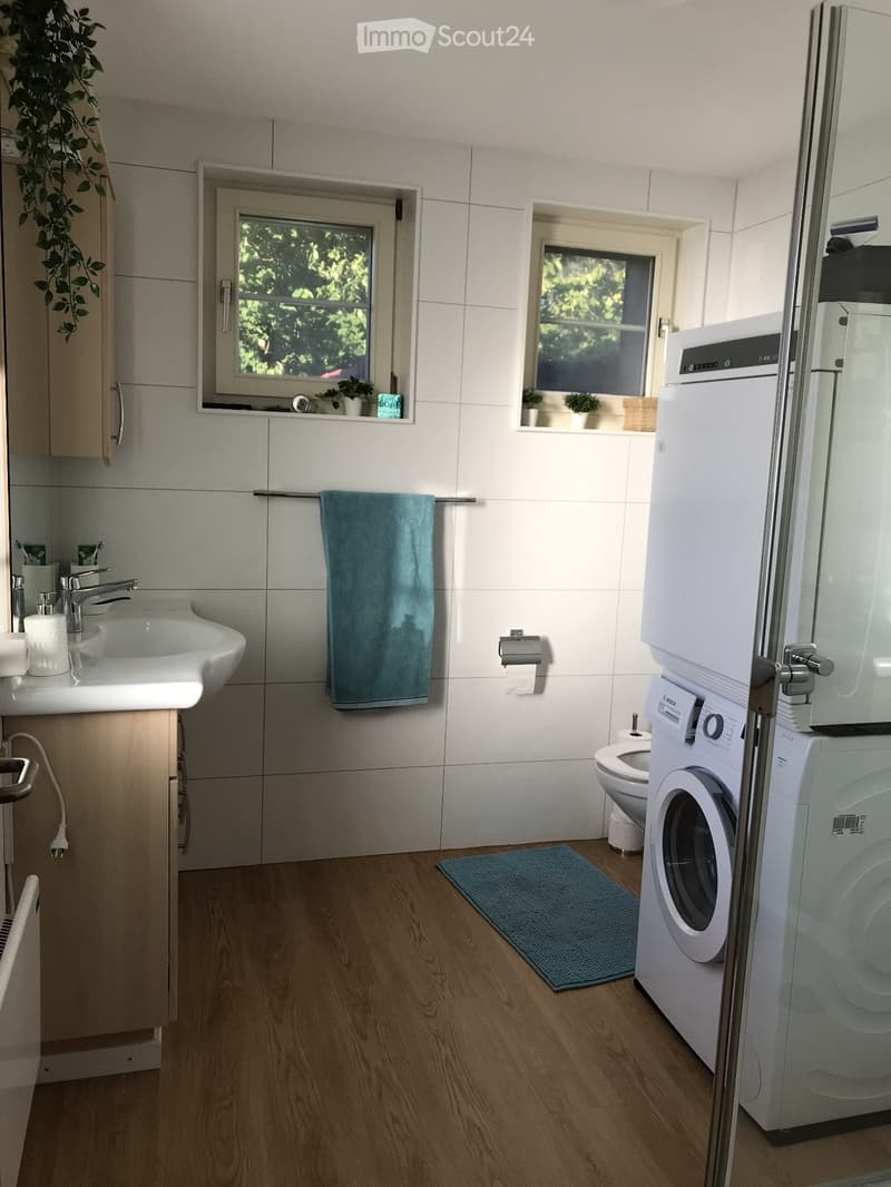 Modern bathroom with white tiles, wooden flooring, sink, toilet, washing machine, and a small refrigerator. Features a blue towel, a rug, and small potted plants on the windowsills.