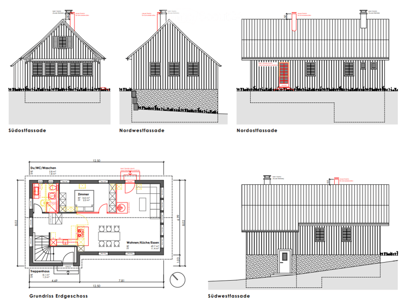 Floor plan of a single-story house with labeled rooms including living room, kitchen, bedroom, bathroom, and staircase. Includes exterior views of the house from different angles.