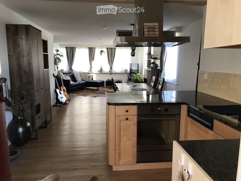 Open-plan living and dining area with a modern kitchen island, sofa, guitars, and dining chairs.