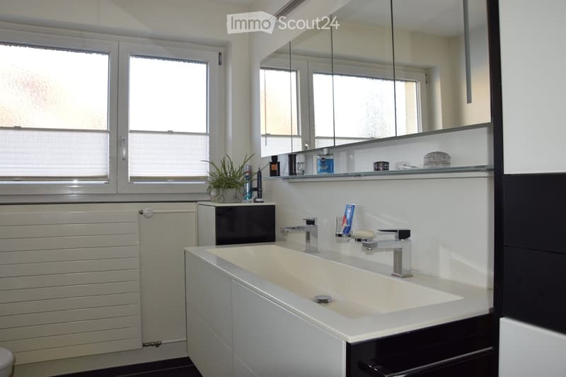 Modern bathroom with a white bathtub, chrome faucets, a large mirror, and a cabinet. Personal care items and a small plant are visible on the counter.