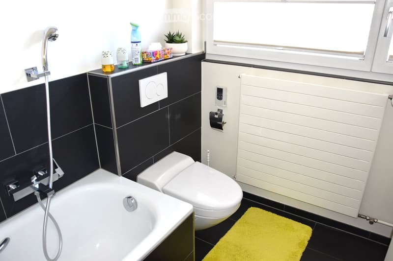 Modern bathroom with black tiled walls, white bathtub, toilet, showerhead, and a small plant on the windowsill.