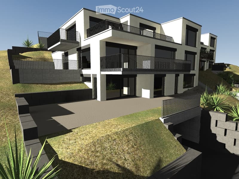 Modern two-story house with white and grey exterior, large windows, multiple balconies, and a landscaped garden area with steps and plants.