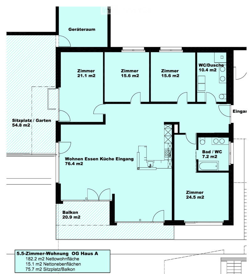 Floor plan of a 5.5-room apartment with living, dining, kitchen, entrance, 4 bedrooms, 2 bathrooms, utility room, balcony, and outdoor seating area.