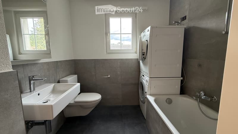 Modern bathroom with a white sink, toilet, bathtub, and stacked washing machine and dryer. The room features grey tiles and two windows.