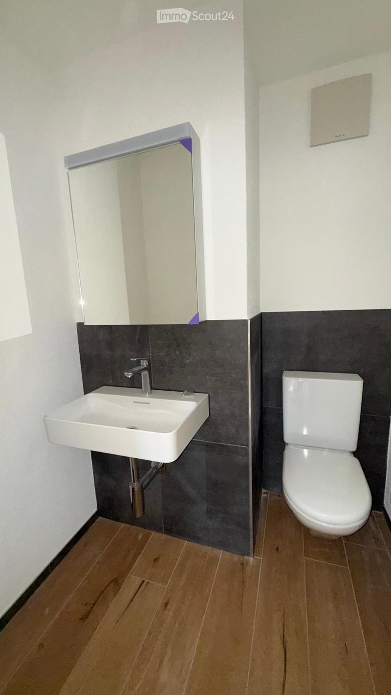 Modern bathroom with a white sink, chrome faucet, white toilet, and a mirrored cabinet above the sink. The walls are painted white with a dark grey lower half, and the floor is made of light wooden tiles.