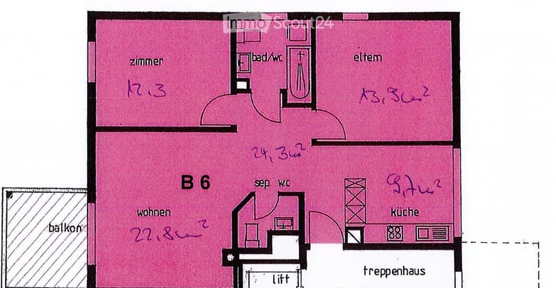 Floor plan showing a living area, kitchen, bedroom, and bathroom with a balcony.