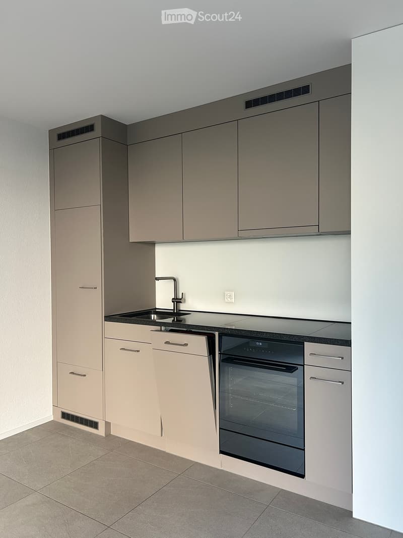 Modern kitchen with light-colored cabinets, a stainless steel sink, and a built-in oven. The countertops are sleek and the overall design is contemporary.