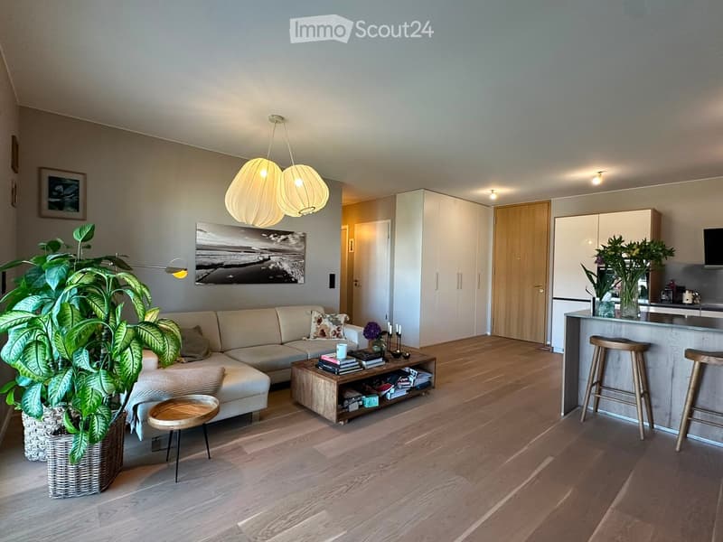 Modern living room with light-colored sofa, coffee table, small round stool, and a kitchen area with bar stools. Features a large potted plant, artwork, and a hanging lamp.