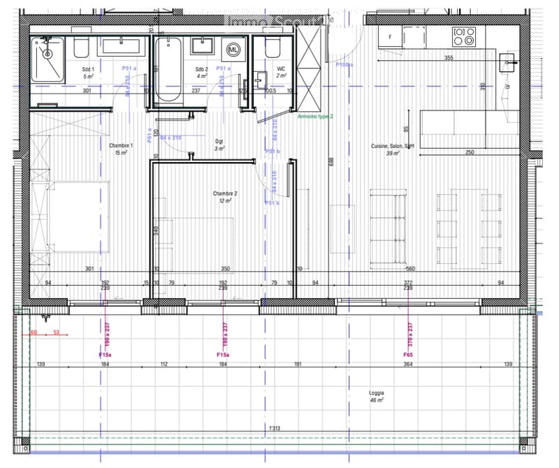 Floor plan showing a multi-room layout including a kitchen, living room, two bedrooms, two bathrooms, a WC, and a loggia.
