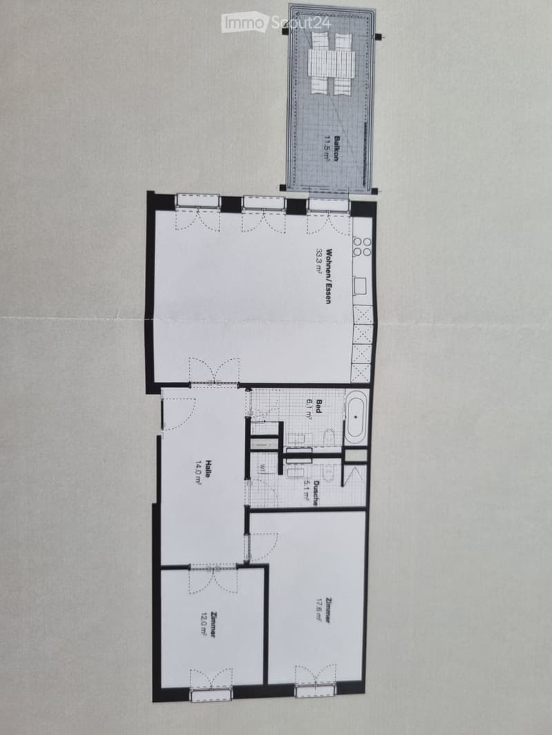 Floor plan of a 3-room apartment with a living/dining area, two bedrooms, a bathroom, and a balcony.